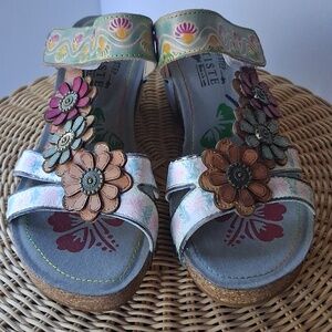 NWOB L' Artiste Floral Multi-Color Leather Wedge Sandals - Pink, Green, Brown
